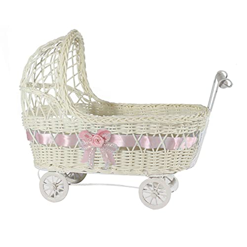 Simply Elegant Wicker Baby Carriage String Carriage â€“ Large, Decorative Baby Stroller Basket, Accent Piece, Centerpiece - 15"L x 7"W x 11"H - Pink