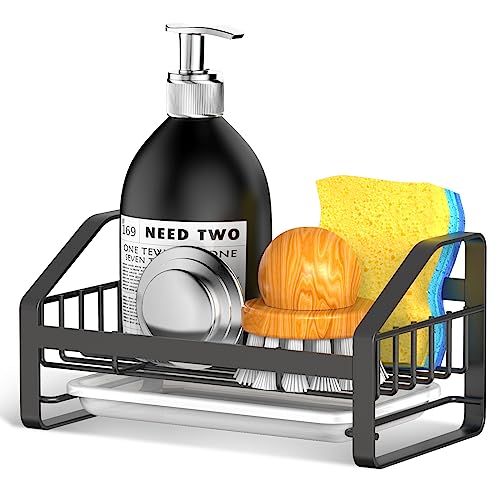 BSKSSK Sink Caddy, Sponge Holder for Kitchen Sink, Bathroom Sink Organizer, 304 Stainless Steel Kitchen Countertop Organizer Soap Tray with Removable Drain Tray-Black