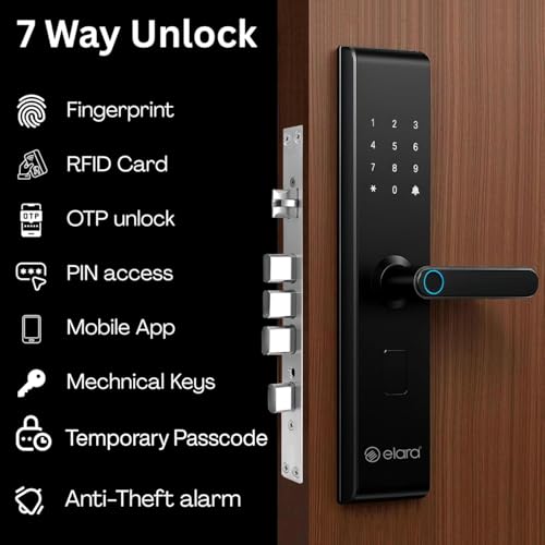 Image of Elara Echo Lite Smart Door Lock, Fingerprint, Card, App, OTP, Keys, PIN Unlock, Alarm Alert, Bluetooth & WiFi, Black, 2 Year Warranty.