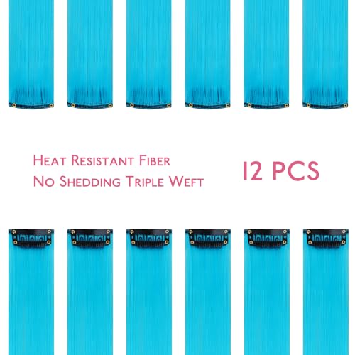 Image of WENNALIFE 12 PCS Sky Blue Hair Extensions Clip in, Colored Clip in Hair Extensions for Kids Highlights Rainbow Hair Clips for Girls Synthetic Straight Pop-up Style Colorful Girls Hair Accessories