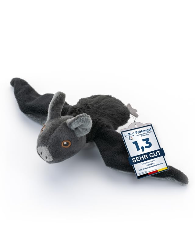 PetTec - Plush Toy Murciélago Juguete interactivo para el autoempleo - Gato de peluche portátil y recargable con USB-C incl. hierba gatera - Despierta el instinto de caza con pitido y alas