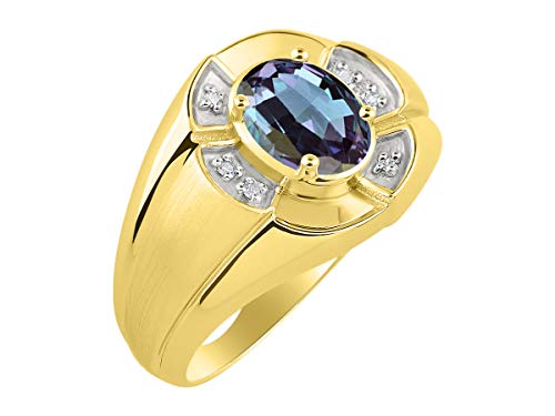 Image of Rylos Yellow Gold Plated Silver Men's & or Ladies Ring with 8X6MM Oval Gemstone & Diamonds - Unisex Color Stone Birthstone Ring Sizes 7-13