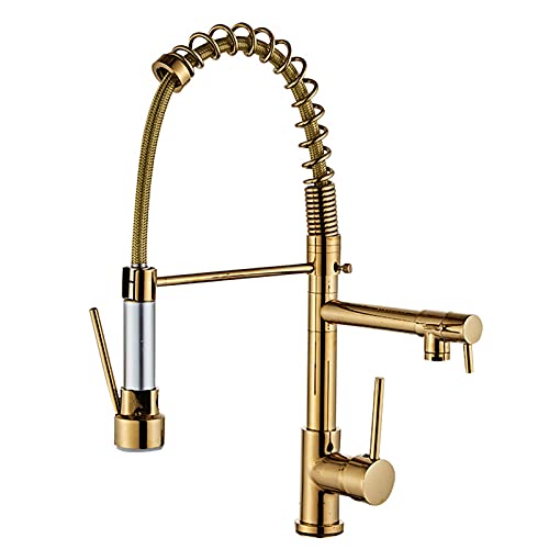 DRFGNF Grifo de Cocina Dorado, Grifo de Cocina de Arco Alto Giratorio de 360° con rociador extraíble, Grifo Mezclador de Cocina de latón de una manija y Doble caño para Agua fría y Caliente