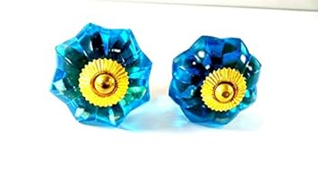 Set of 2 Pcs Antique Vintage Old Glass Blue Door Knob with Unique Architectural Salvage