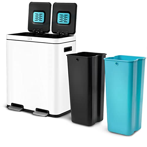 Home Zone Living 16 Gallon Kitchen Trash Can with Dual Compartments for Recycling, CleanAura Odor Control, Stainless Steel, Matte White, 60 Liters Total