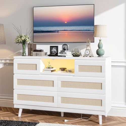 GarveeHome Rattan Dresser for Bedroom with 6 Drawers, 47 in Modern Farmhouse Wide Chest of Drawers with LED Light and Charging Station, Wood Storage Cabinet Organizer for Closet, Living Room