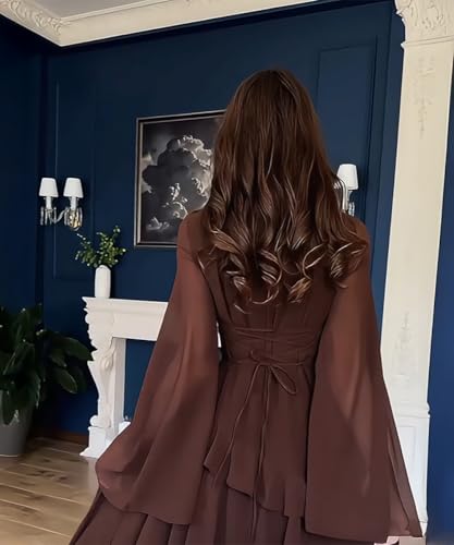 فستان طويل بلون سادة واكمام واسعة وتنورة متعددة الطبقات، يتميز بنمط انيق وسيدي، مناسب للمناسبات الرسمية مثل حفلات العشاء (الامارات العربية المتحدة/السعودية، الفا، L، عادي، طويل، بني داكن)