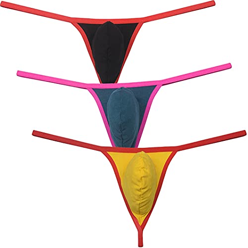 JAXFSTK Sexy Men's Stretch Cotton Micro Bikini Thong Underwear Soft G-String Contour Pocuh Tangas 3-Pack(Black,Dark Green,Yellow) M