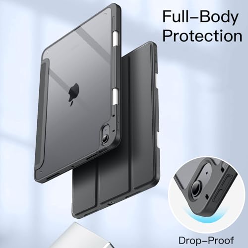 JEDirect Case for iPad Air 5th Generation (2022) & 4th Generation (2020), 10.9 Inch, Pencil Holder, Clear Back Shell, Slim Cover, Stand Function, Auto Wake/Sleep Function, Shock Absorption, Dark Gray