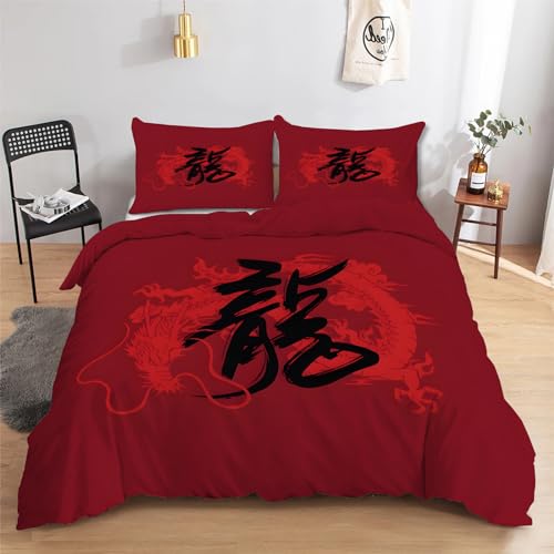 Parure de Lit 140x200 Dragon Rouge Housse de Couette 1 Personne Art, Ensemble de Literie Imprimée Style Chinois en Microfibre avec 2 Taies d'oreiller 65x65...