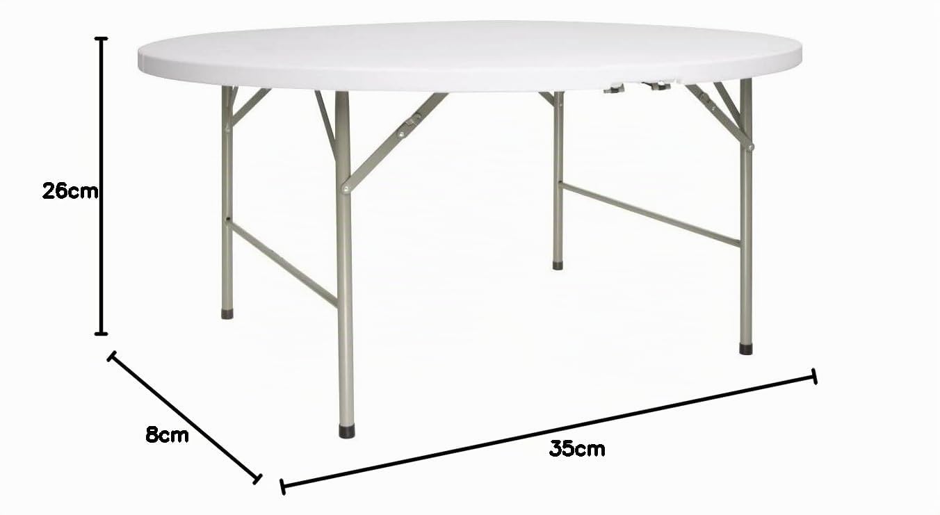 Bolero Table pliante ronde, 5 pieds de diamètre, blanche, plateau en polyéthylène avec cadre et pieds en acier, 740(H) x 1530(Ø)mm, résistante aux UV et à la pluie, CC506