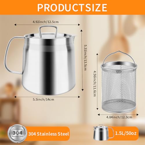 GCQFZ 1.5L/50oz 304 Stainless Steel Oil Pot with Strainer - Essential Grease Container for Deep Frying Large Capacity Versatile Oil Filter Multi-function for Deep Frying, Boiling, and Simmering