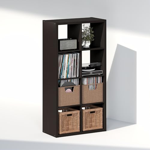 Image of Furinno Cubicle Record Player Stand, 8-Cube Record Storage, Dark Oak | Vinyl Storage, 1.2 inchInch Extra Thick, Open Back Media Shelf for CD DVD Bluray Game Disc, for Living Room, Home Office