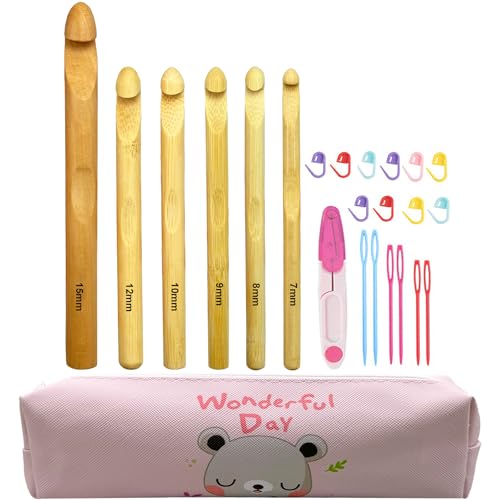 Mdoker 21pcs Huge Crochet Hook Set,Large Size 15mm 12mm 10mm 9mm 8mm 7mm Wooden Crochet Hooks with Case,Crocheting Hook Needles for Chunky Yarn,Size L M N P O Q(Wooden)