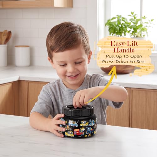 Image of PIQUEBAR 8oz Kids Thermo for Hot Food,Small Lunch Thermos Food Container Stainless Steel,Easy Open Wide Mouth Thermo for Hot Cold Food for Preschool Travel (Black Truck)