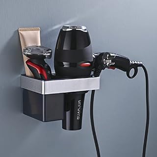 HANFU Hair Dryer Holder, No Drilling Hairdryer Holder Wall Mount, Aluminum Self Adhesive Hairdryer Stand Station with ABS Storage Boxes and Cable Tidy, Hair Dryer Rack Styling Tool Organizer, Silver
