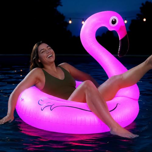 Flamingo Pool Float with Solar-Powered LED Lights - 43" X 34" - Inflatable Tropical Pool Floats for Adults - Hawaiian Party Decoration Accessories - Swimming Floats Outdoor Holiday Yard Decor