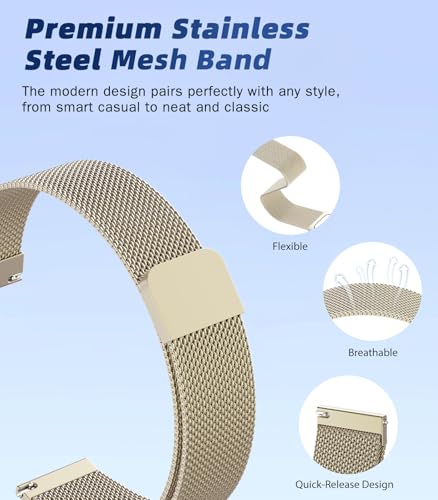 Image of 22mm Metal Watch Band Compatible with Garmin Vivoactive 4 /Venu 4 45mm /3 /2, Forerunner 970 /255 /570 47 mm, Fenix 8 47mm, Mesh Stainless Steel Replacement Strap Magnetic Clasp Wristband,ChgnGold
