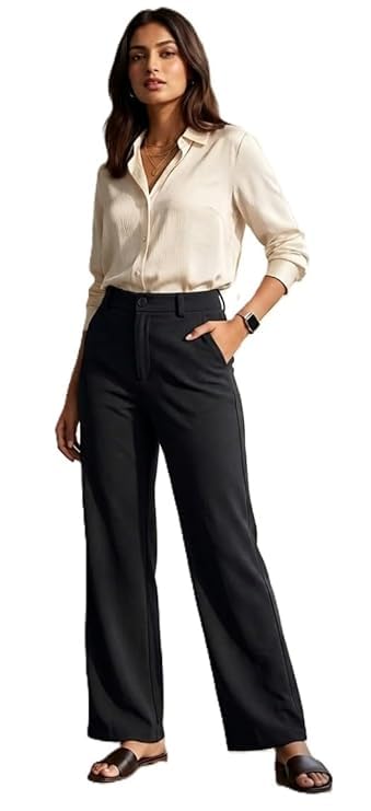 Image of Women Cotton Blend Formal Straight Fit Trousers High Waist Office Wear Pants