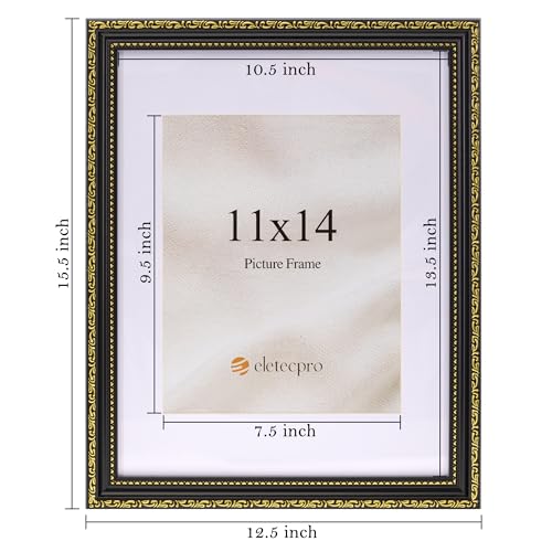 Image of eletecpro 11x14 Vintage Picture Frame, Glass Cover, Black Gold, 2-Pack | Display Photo 8x10 with Mat or 11x14 without, Horizontal or Vertical, Tabletop or Wall Decor