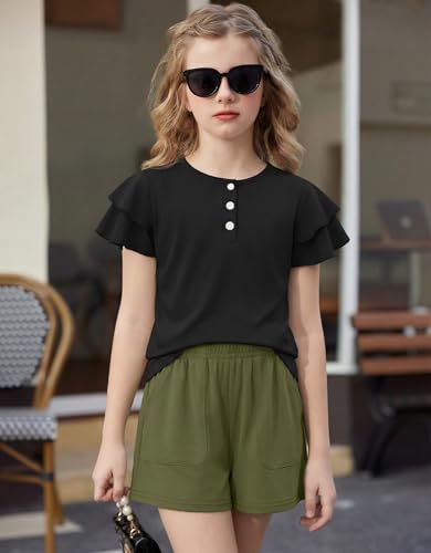Arshiner Clothes for Girls 2 Piece Outfits Summer Short Sleeve T Shirts Button Down Blouse Elastic Waist Short Sets 7-8 Years