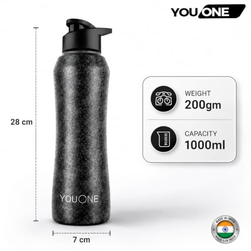 Image of YOUONE Stainless Steel Water Bottle, Charcoal Black, 1 Litre | Set of 1, Leak Proof Thunder, For Fridge Home Office Travel School Sports Gym Yoga, For Kids Boys Girls Adults