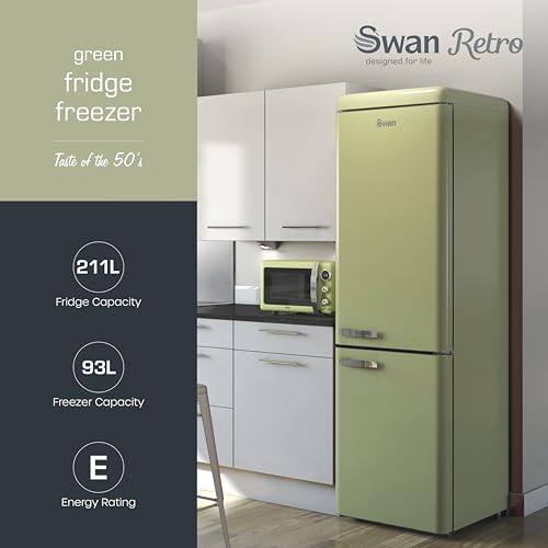 Swan Retro 70/30 Fridge Freezer with 4 Glass Shelves, 3 Freezer Drawers, Salad Crisper, Chrome Wine Rack, Green, SR11020GNE - Image 3