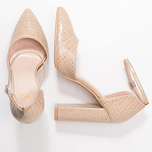 MOOMMO Women Pointed Toe Chunky Pumps Ankle Strap High Heel Summer Sandals 4 Inch Block Heel Crocodile Pattern Closed Toe Buckle Fashion Wedding Office Dress Comfortable Shoes Size 4-13 M US2