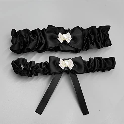 Merryjuly Satin Bridal Garters For Bride Women Simple Wedding Bridal Garter Belt Set Prom Garters (Black, Plus Size) #TOP3