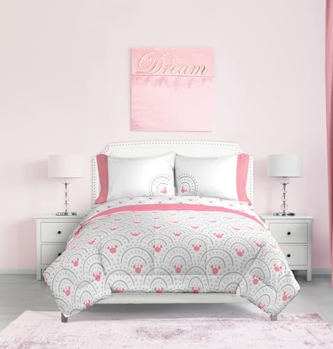 Image of Disney Minnie Mouse Queen Comforter Set 7 Piece Bedding for Girls, Grey | Bed in a Bag, Comforter Sheets Shams Pillowcases, Official Product, Soft Microfiber, Machine Washable, Girls Gift