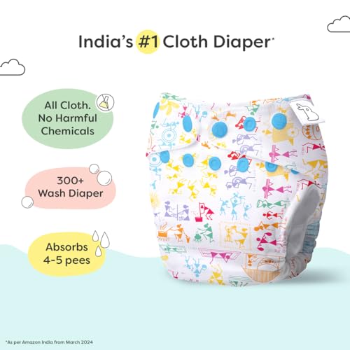 Image of superbottoms UNO Freesize Premium Cloth Diaper for babies (3m-3y) + Organic Cotton Pad | Washable & Reusable 300+ Times | Superior Absorption | Waterproof | Super Soft & Gentle - White-warli, 1 count