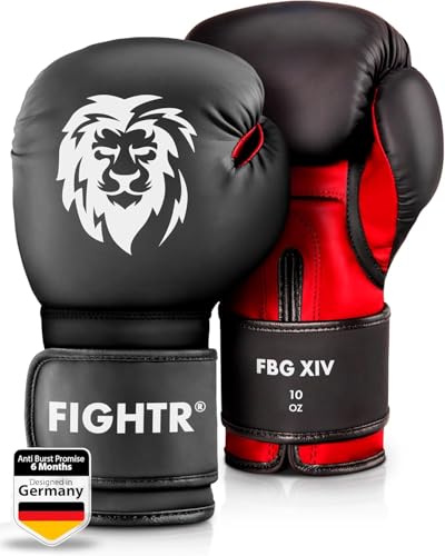 FIGHTR Guantes de Boxeo, Ideales para Estabilidad y Fuerza de Impacto, Guantes para Boxeo, MMA, Muay Thai, Kickboxing y Artes Marciales, Incluye Bolsa de Transporte (Negro/Rojo, 14 oz)