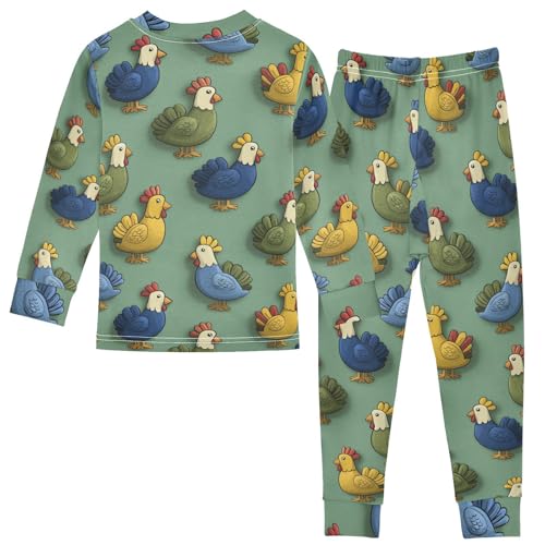 Pajama Sets Long Sleeve Colorful Roosters on Green Soft Comfy Sleepwear 2 Piece PJS 3-8T3