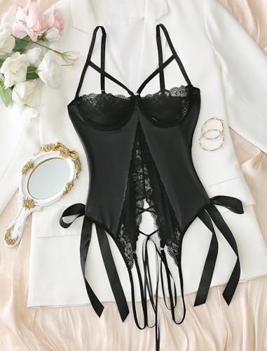 Avidlove Sexy Lingerie for Women One Piece Lingerie Cutout Teddy Underwire Bodysuits Mini Lace Leather Body Suit Lace-Up Back4
