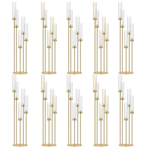 42.5in Gold Candle Holders for Table Centerpiece Candelabra Candlestick Holders Decor Wedding Centerpiece Table Decorations 5 arm Candle Holder Set of 10 Acrylic lampshade Fit 0.9" LED Candle