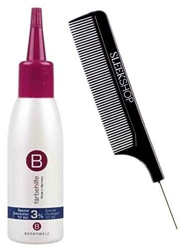 Berrywell AugenBlick TINT Color Dye for Eye Iashes and Eye broows, Augen Blick (w/ Sleek Steel Pin Rat Tail Comb) Berry Well Haircolor Hair Tinting, Made in Germany (Cream Developer 10 Vol 3% - 2.06 Oz)