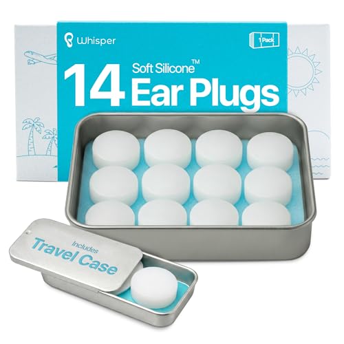 Whisper Ear Plugs (14 pcs) | Soft Silicone | Reusable Silicone Ear Plugs for Swimming, Sleep, Travel, Noise & Snoring | Moldable Comfort Fit Wax Earplugs for Sleep | Waterproof Swim Ear Plugs Adults