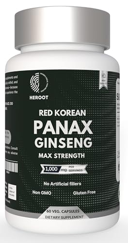 Heroot Panax Ginseng Capsule 500 MG Per Serving Energy, Memory & Brain Health Support, Non-GMO (Pack of 60 Capsule)