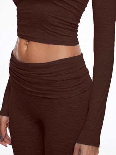 Image of AnotherChill Women's Long Sleeve Top Foldover Flare Pants Lounge Set | 2 piece cropped shirt and slim flare trousers comfy loungewear, soft modal casual matching sets, travel airport outfits