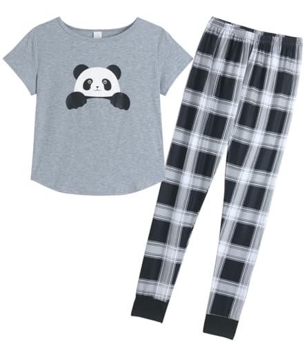 MyFav Women's Pyjamas Set Cute Panda Printed Short Sleeve Top and Long Pants Soft Sleepwear 2 Piece Pjs Sets, Grey Panda,XXL