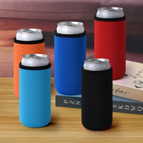 Xumbtvs 5 Pcs Insulated Slim Can Sleeve, Reusable Skinny Tall Can Cooler Sleeves, Non-slip Neoprene Beer Bottle Cover Holder for 12oz Slim Can Soda and Beer (Colorful1)