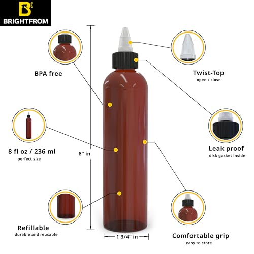 BRIGHTFROM Twist Top Applicator Bottles 8 OZ, Squeeze Empty Plastic Bottles, Black Nozzle, BPA-Free, PET, Refillable, Open/Close Nozzle - Multi Purpose (Amber) Pack of 32