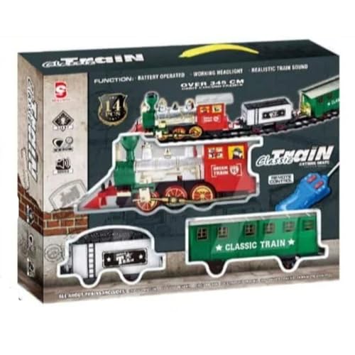 Image of Remote Control Train Set with 345 CM Tracks (14 Pcs) | Battery Operated Classic Toy Train with Light & Sound | Electric RC Engine Train Set for Kids Boys Girls Gift No Smoke