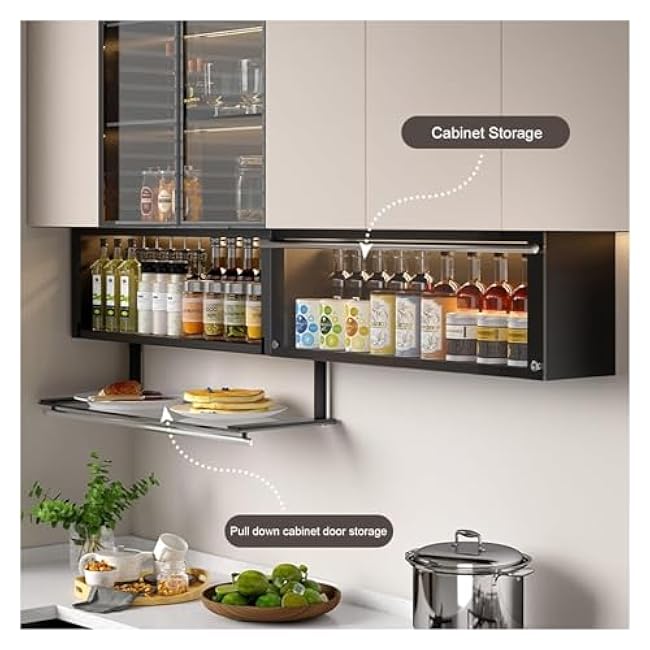 Kitchen Organizer Spice Rack,Kitchen Stretch Spice Cabinet, 2 Tier Pull Out Cabinet Organizer, Drop Down Spice Rack with Sensor Light, Undershelf Rac, Hold Up to 44Lbs,
