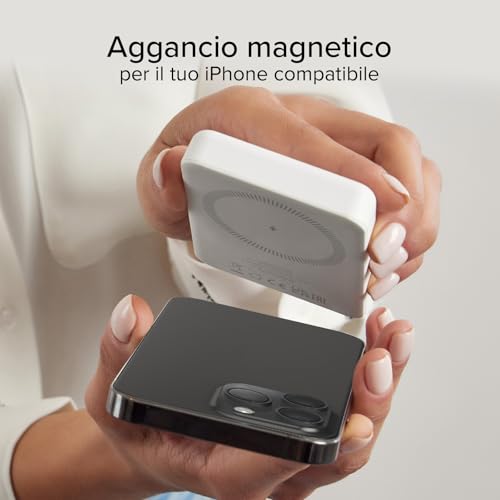 SBS PowerBank 5K MagSafe Wireless, 5.000mAh, Power Bank con Ricarica Rapida, Magnetico, Intelligent Charge (IC), LED di Carica, USB-C, Caricabatterie Portatile da Viaggio, Design Compatto, Bianco - Immagine 5