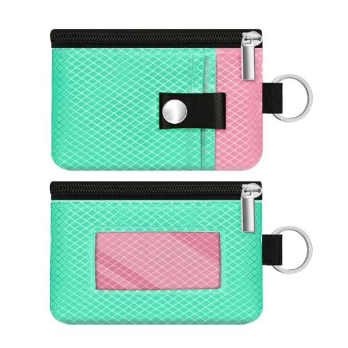 Image of Minimalist RFID Blocking Small Wallet with ID Window,WaterResistant Zip Id Case Wallet with Lanyard Keychain for Cards,Cash,Travel,Women,Men (Mint Green /Pink)