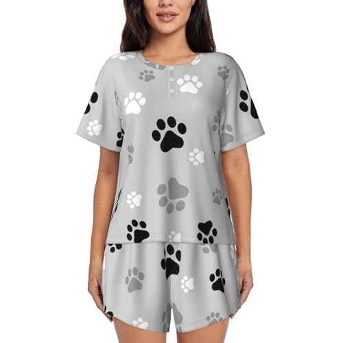 KoloQren Conjunto de pijama de manga curta com gola redonda e estampado de pegadas de animais, macio, respirável, confortável e elegante, Preto e branco, XL