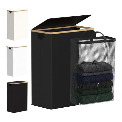 efluky Slim Laundry Hamper with Lid and Removable Bag, 65L Black