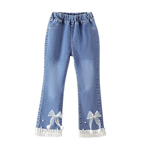 Trendy Girls Denim Pants Wide Leg Flare Jeans with Pearl Bow Embroidery and Comfortable Elastic Waist for Stylish