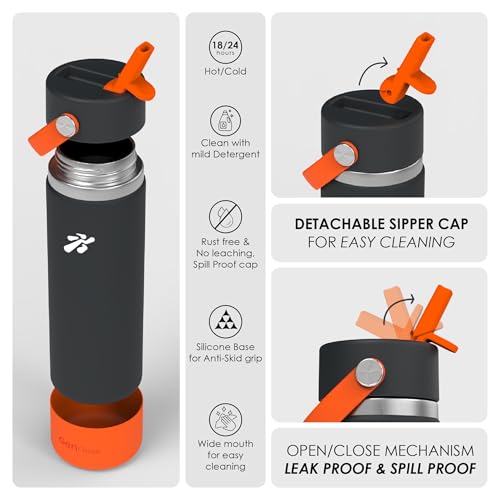 Image of VBOTT GENFLASK-Ozil -600 ml|Thermosteel Flask with Straw Sipper & Carrying Loop| SS 304 Water Bottle|Hot /Cold-18 /24 hrs|Insulated Bottles|Dark Grey /Orange Colour|Multipurpose
